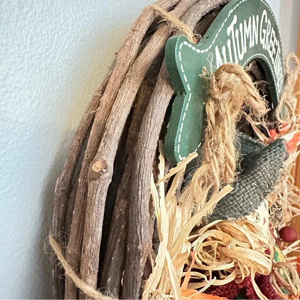Vintage 1990s Autumn Harvest Wreath with Scarecrow & Fall Vegetables